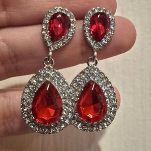 Ruby Red Diamond Teardrop Accented Dangle Evening Statement Earrings